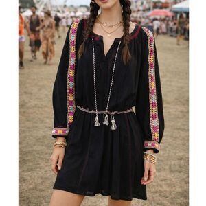 Roller Rabbit 100% Coton Oditi Black Boho Dress with Burgundy Trim - Size XL